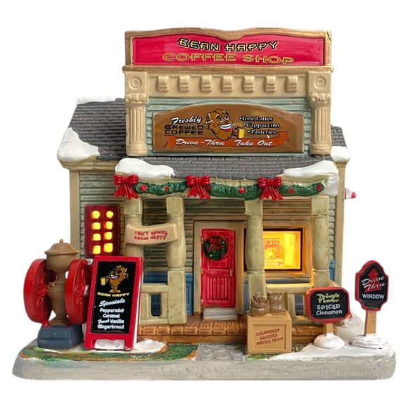 LEMAX Bean Happy Coffee Shop Lighted Porcelain Christmas Village Building 25929 - Picture 1 of 7